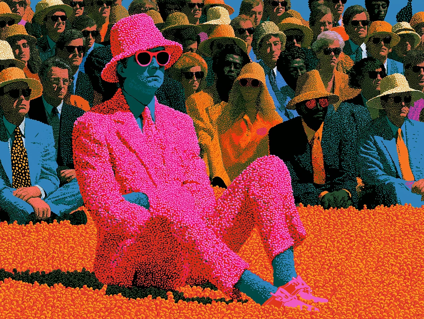 Illustration: a figure in a pink suit picked out from a densely packed crowd.
