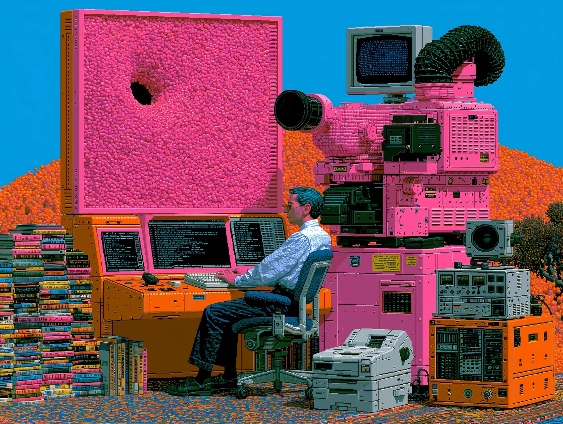 Illustration: an operator running a wall of stacked monitors, decks and printers from a single console.