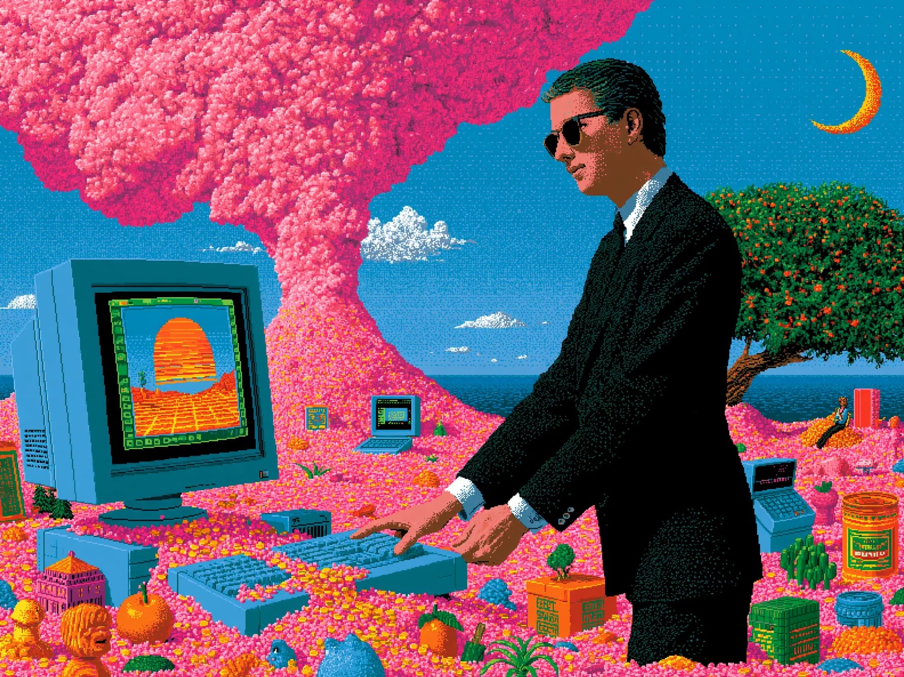 Illustration: an editor working at a vintage workstation set in a pixelated landscape, a render resolving on screen.