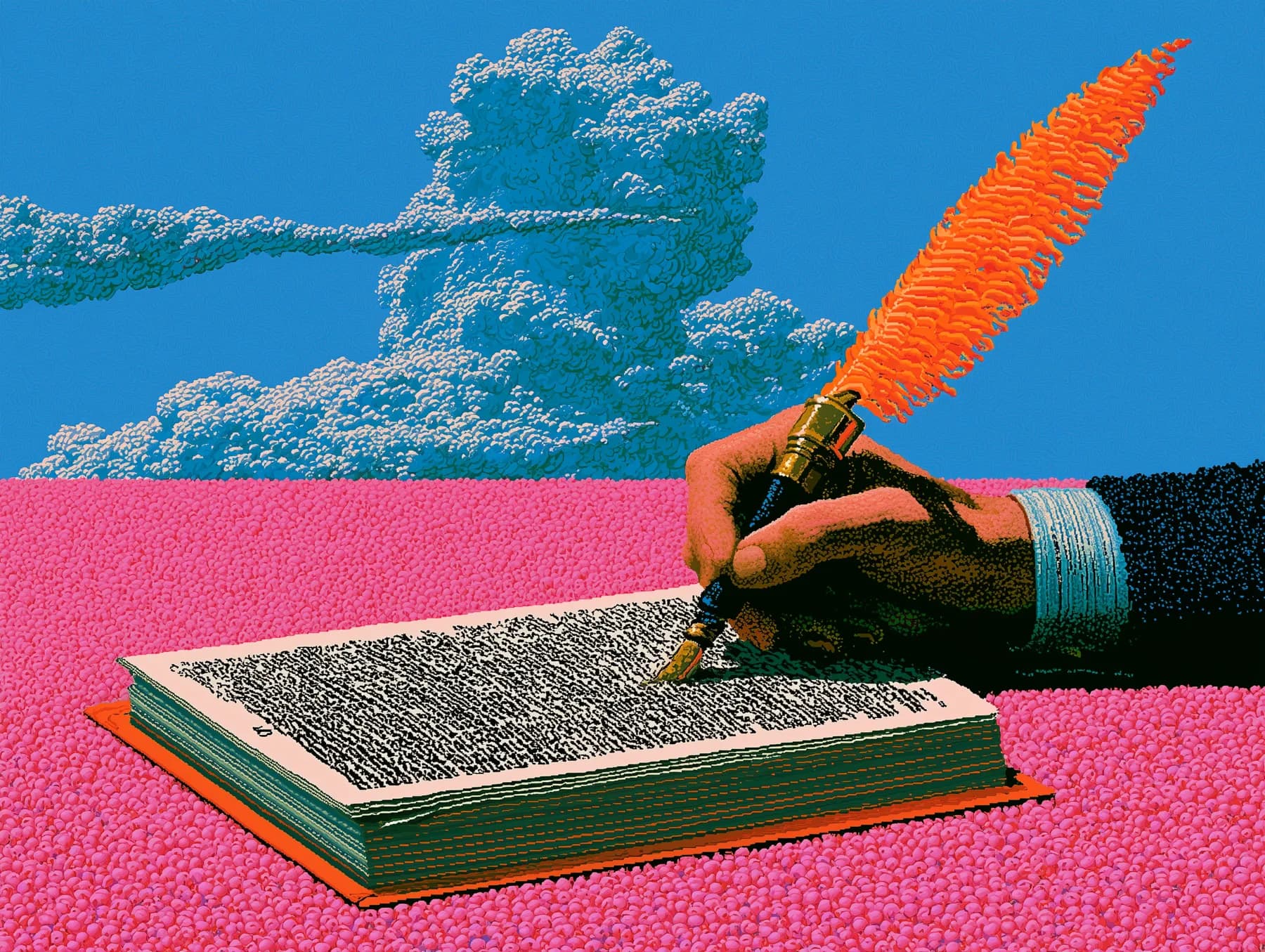 Illustration: a hand writing into a bound book with an orange quill.