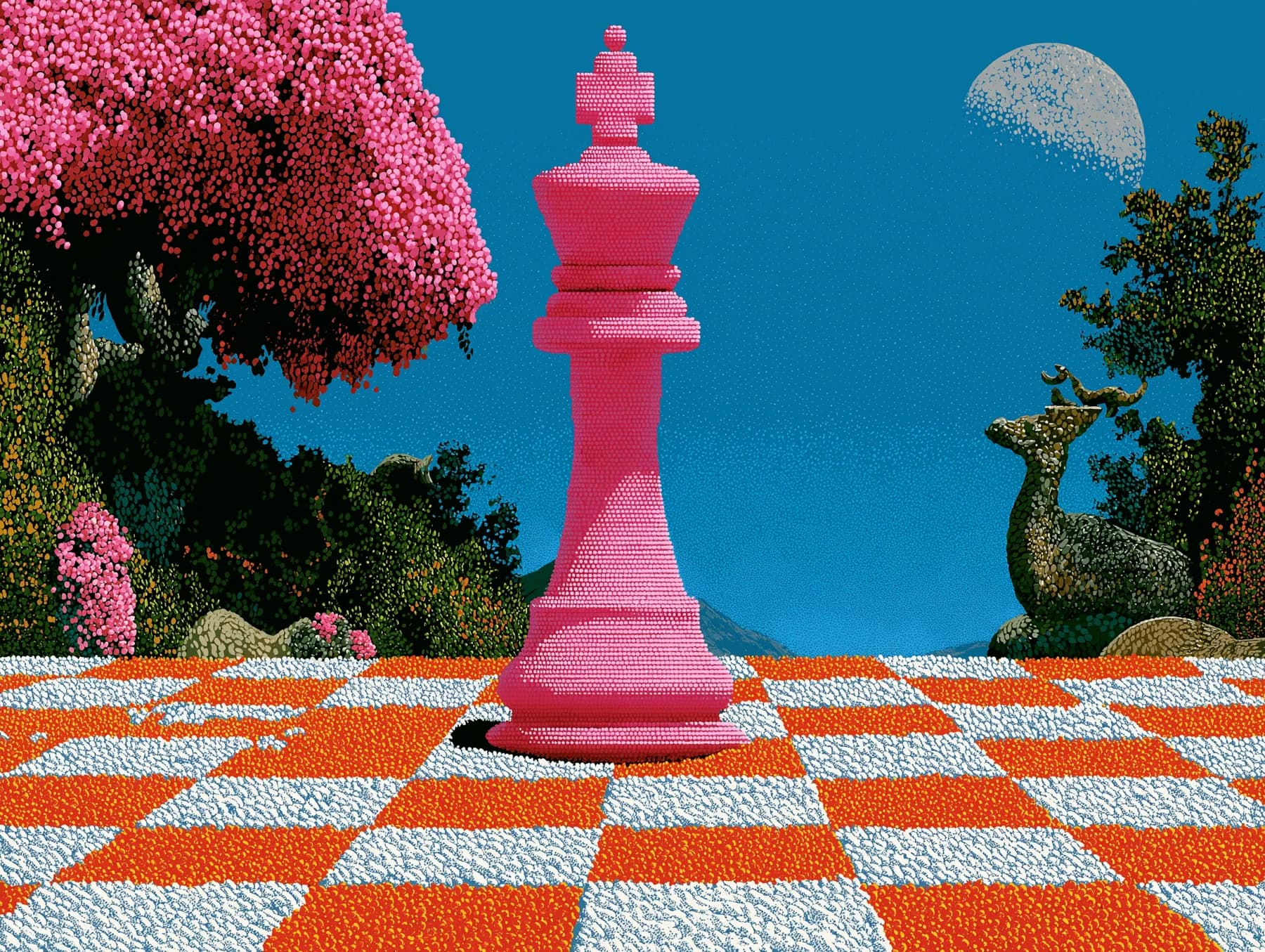 Illustration: an oversized pink king piece standing alone on a checkered board.