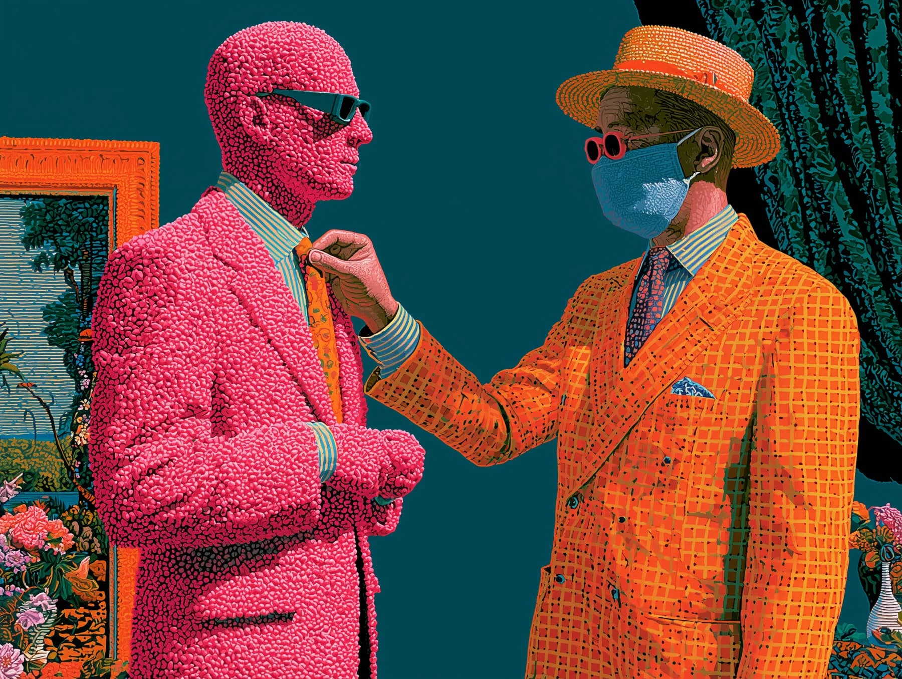 Illustration: one figure straightening another's tie before a shoot.