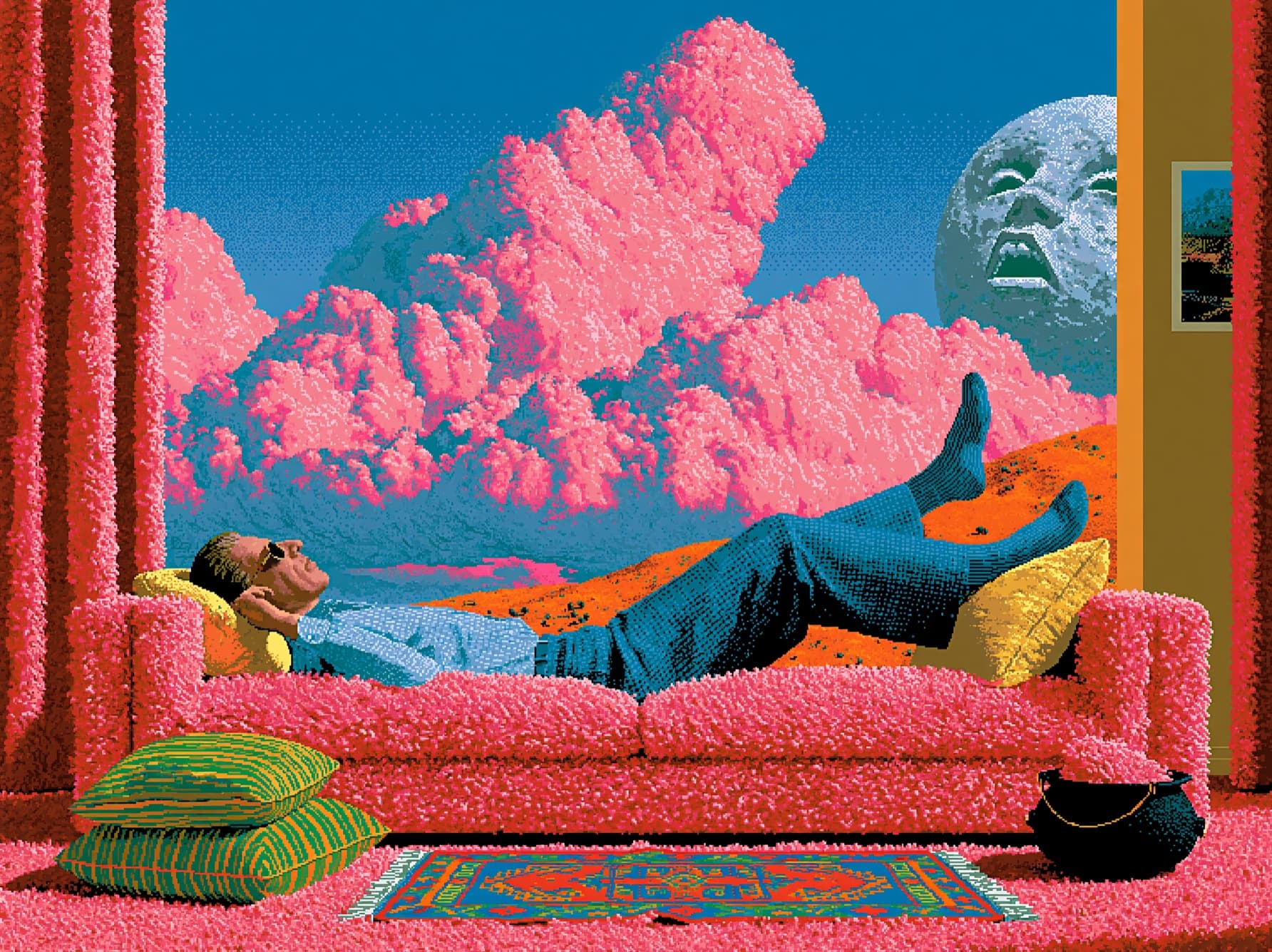 Illustration: a figure reclining on a couch while the landscape outside runs itself.