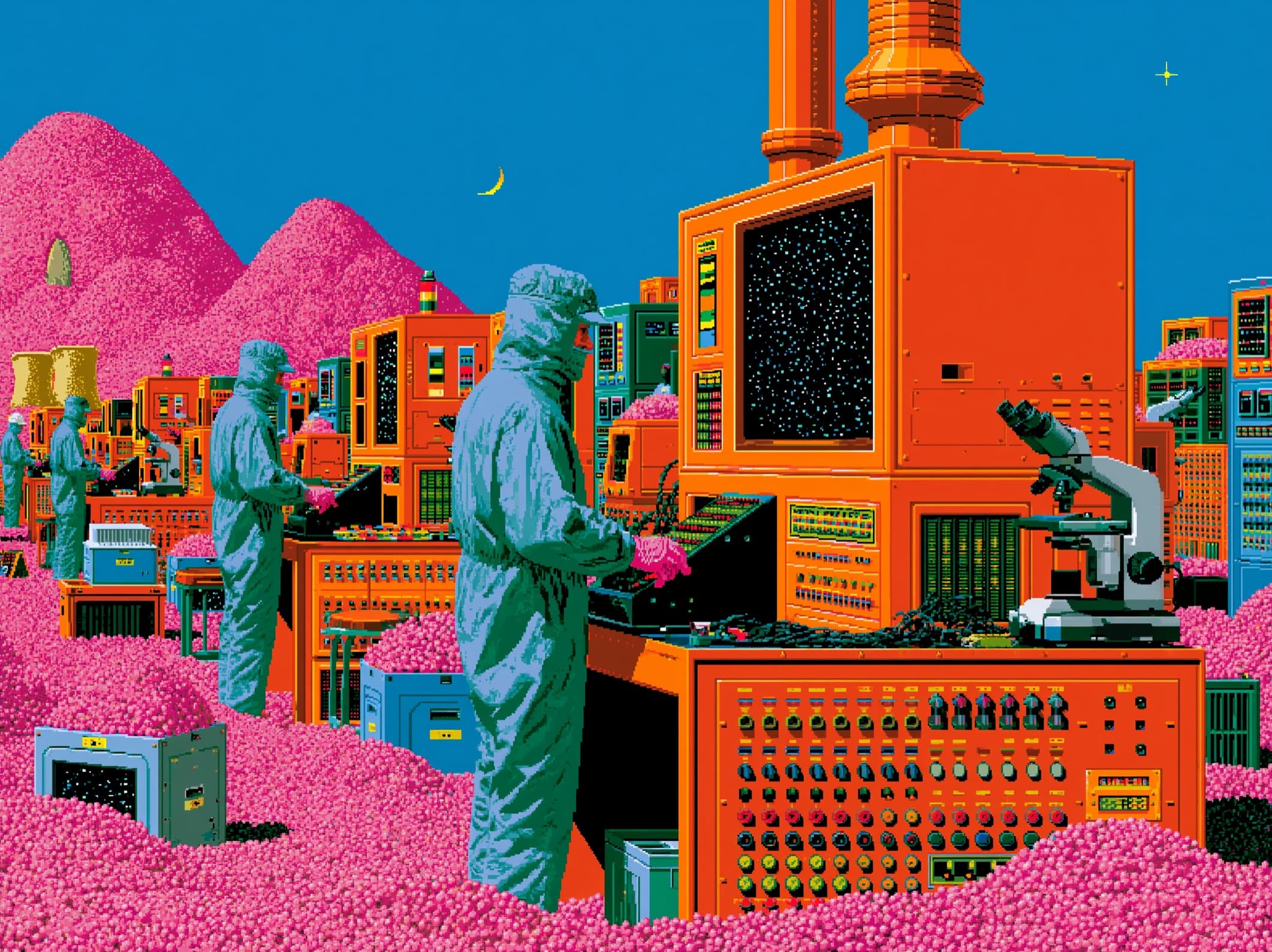 Illustration: technicians in clean suits tending a floor of instrument consoles.