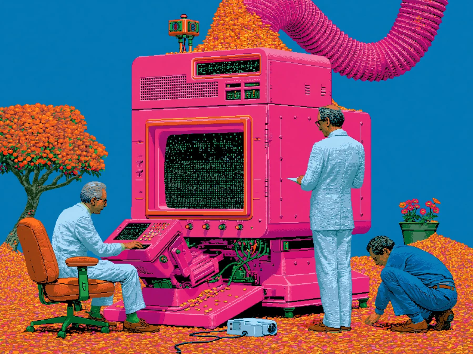 Illustration: a team operating a single pink mainframe themselves — one at the console, one reading the output, one working at the machine's base.
